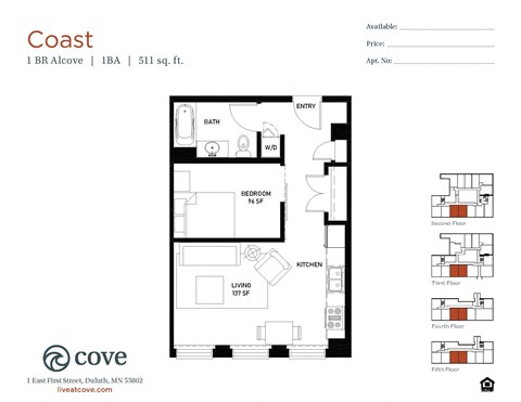 Floor plan for 1 bed, 1 bath, 511 sqft